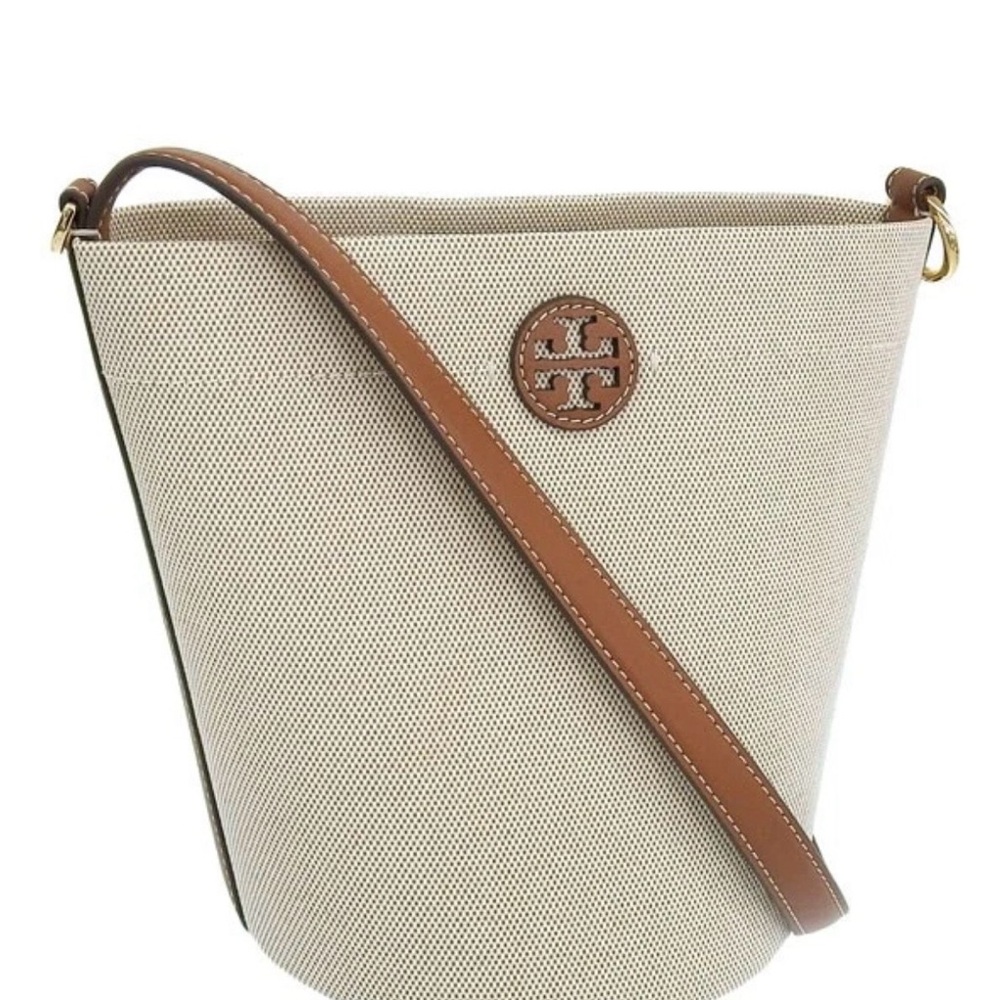 NWT Tory Burch Beige Blake Canvas Bucket Crossbody with Brown Leather Trim